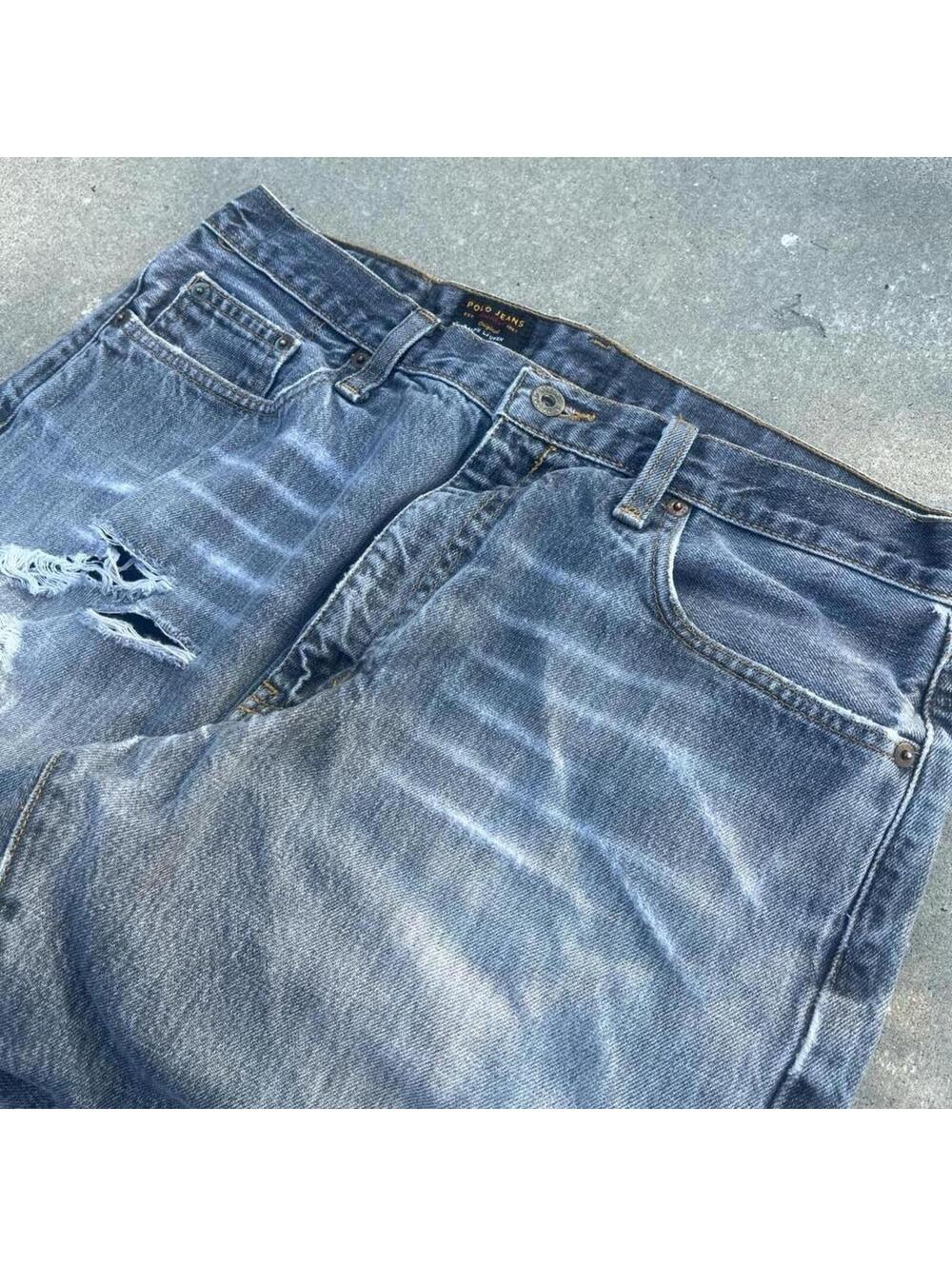 Vintage y2k 90s Polo Ralph Lauren faded and distressed grey straight leg jeans - Picture 1 of 8